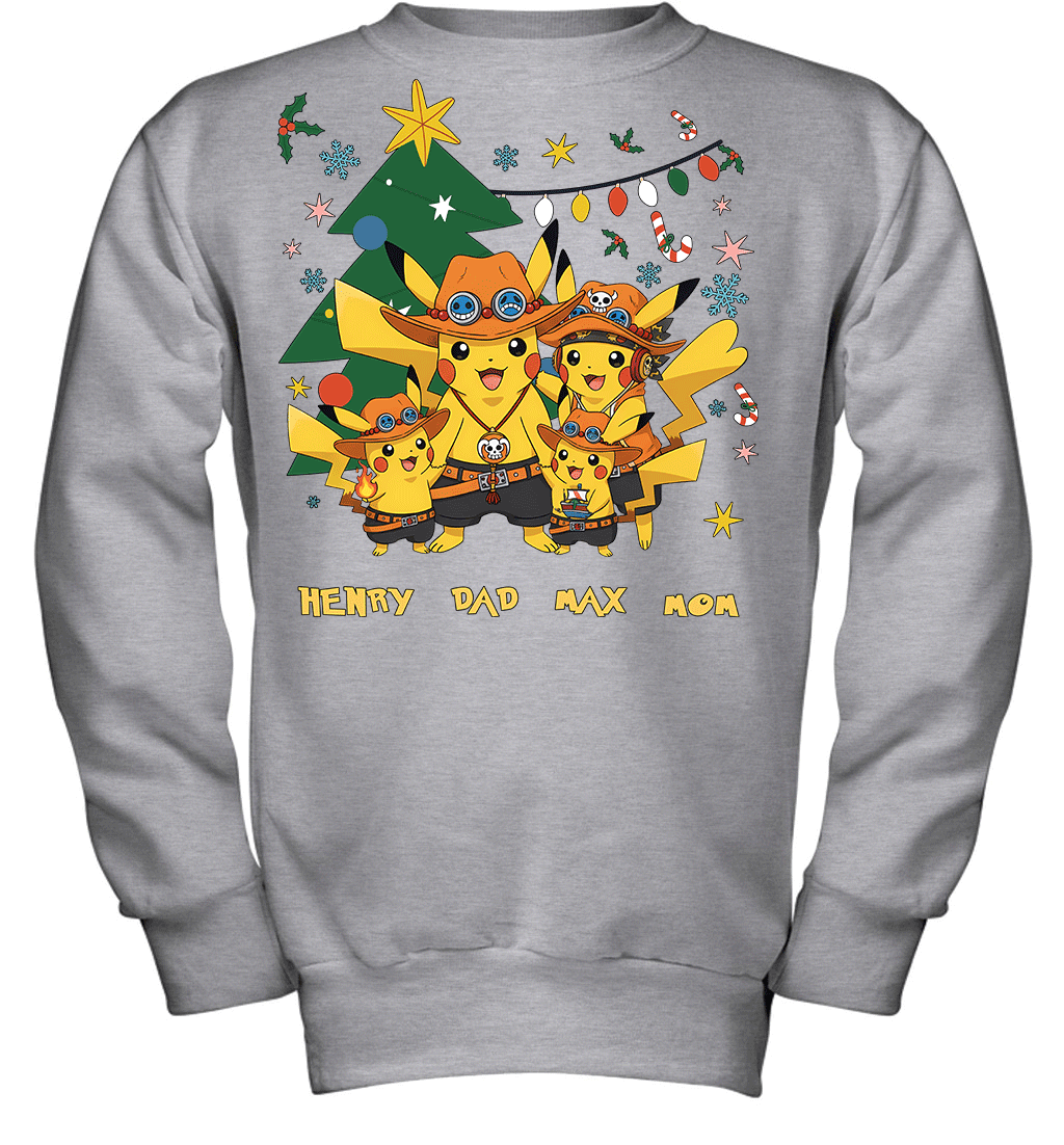 Pikachu x Portgas D. Ace Christmas Family Parents And Two Sons Graphic T-shirt
