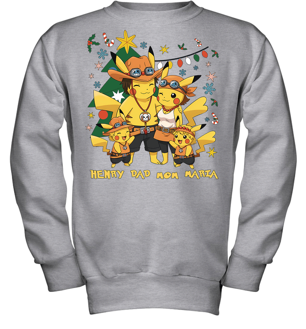 Pikachu x Portgas D. Ace Christmas Family Parents With Son And Daughter Graphic T-shirt