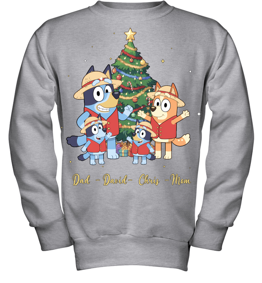 Bluey x Monkey D. Luffy Parents & Sons Custom Name Christmas T-Shirt for Family