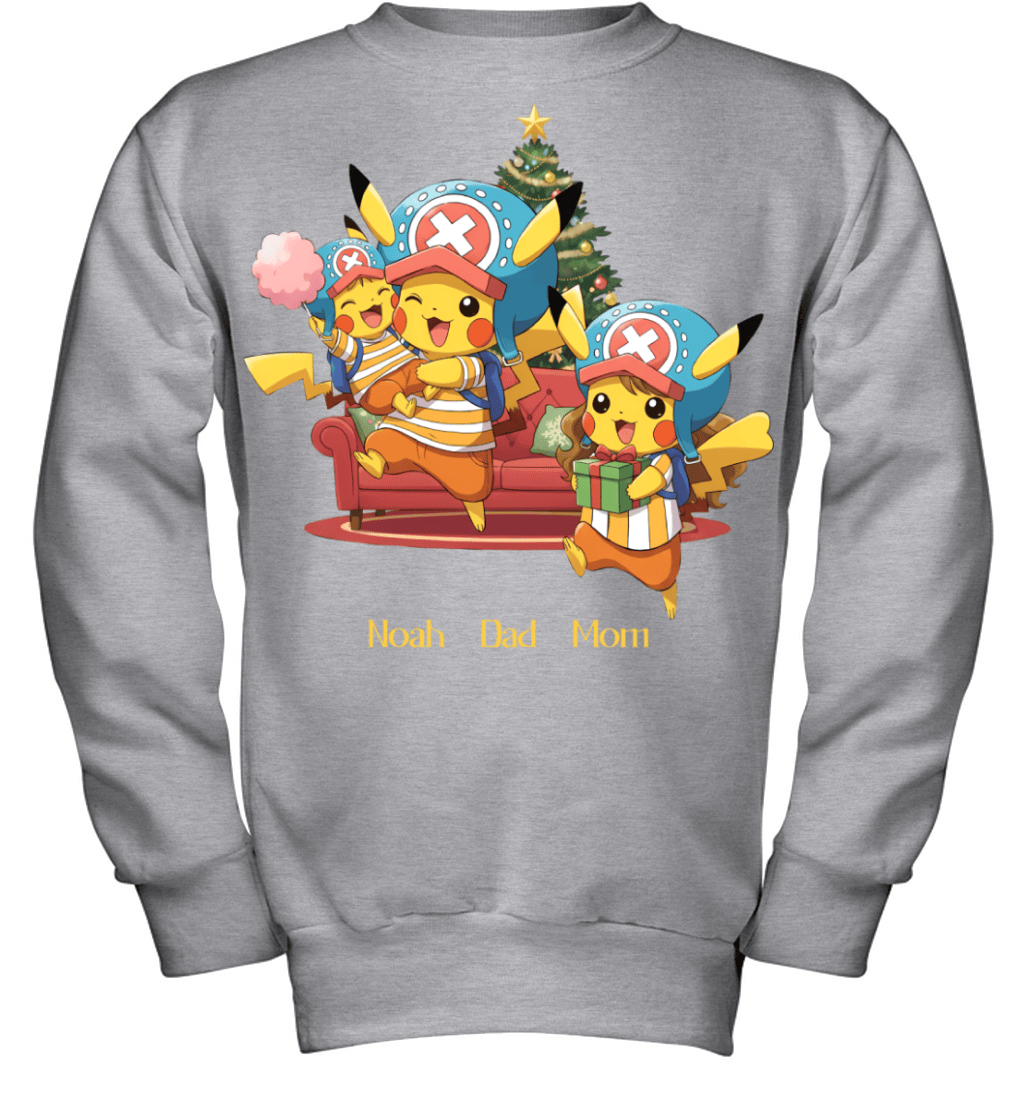Pikachu x Chopper Parents & Son Custom Name Christmas T-Shirt for Family