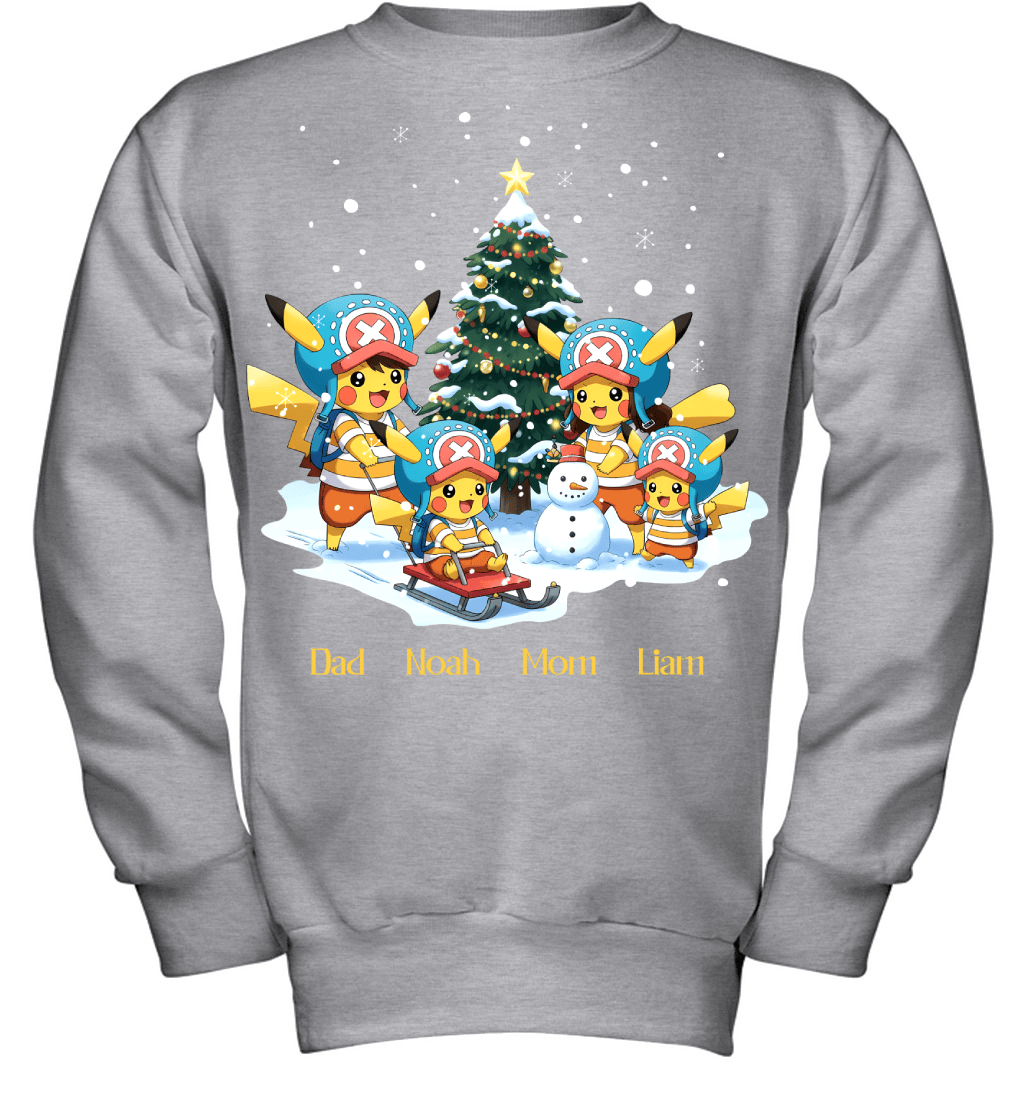 Pikachu x Chopper Parents & Sons Custom Name Christmas T-Shirt for Family