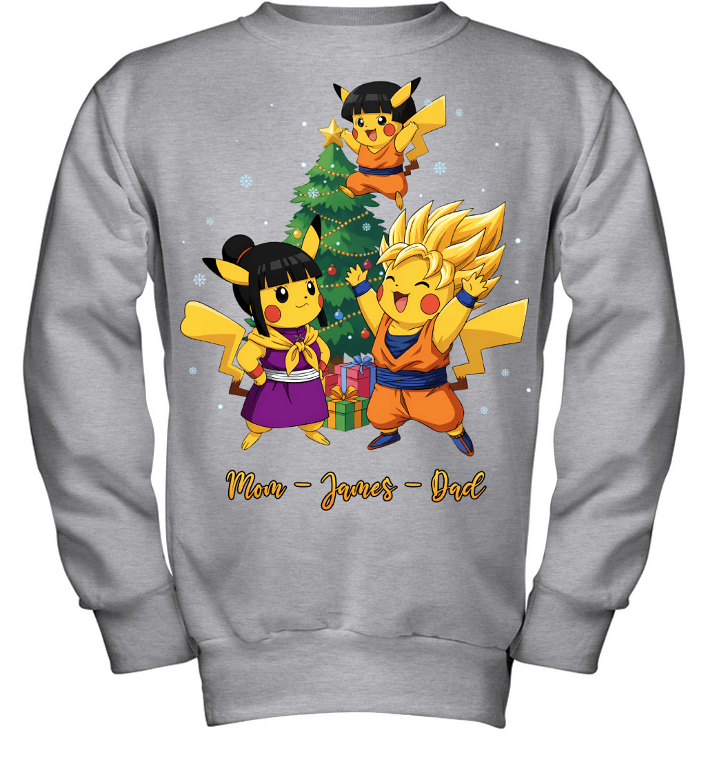 Pikachu x Son Goku Parents & Son Custom Name Christmas T-Shirt for Family