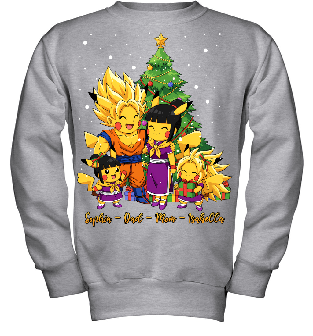 Pikachu x Son Goku Parents & Daughters Custom Name Christmas T-Shirt for Family