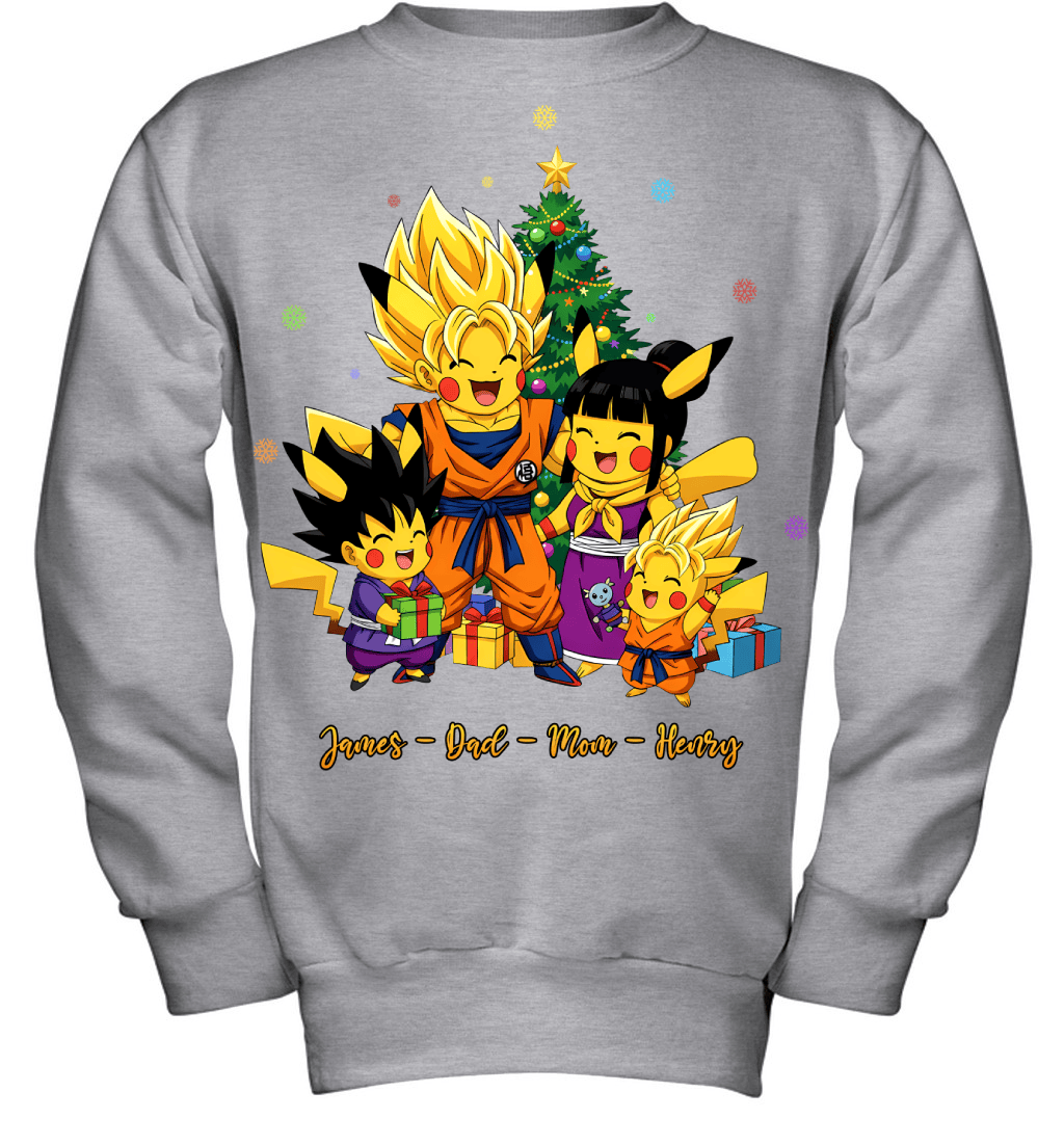 Pikachu x Son Goku Parents & Sons Custom Name Christmas T-Shirt for Family