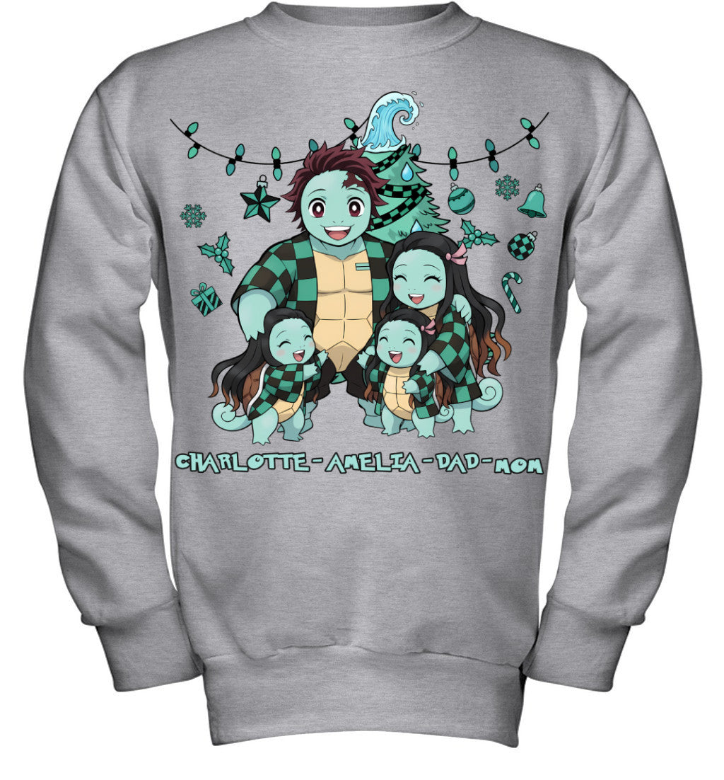 Squirtle x Kamado Tanjiro Parents & Daughters Custom Name Christmas T-Shirt for Family
