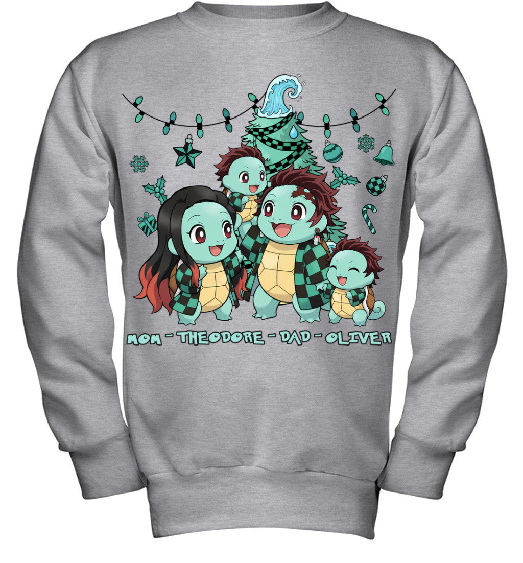 Squirtle x Kamado Tanjiro Parents & Sons Custom Name Christmas T-Shirt for Family