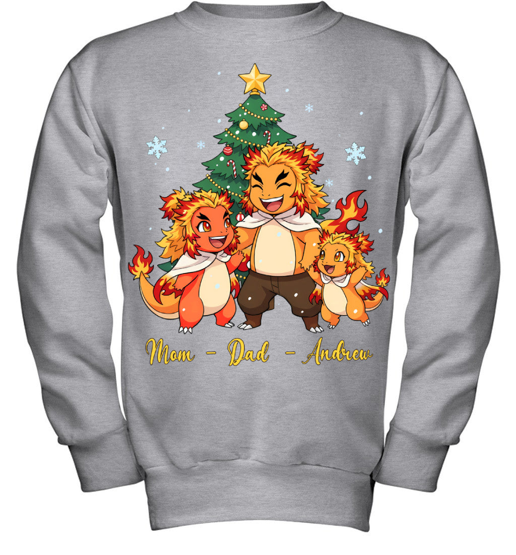 Charmander x Rengoku Parents & Son Custom Name Christmas T-Shirt for Family