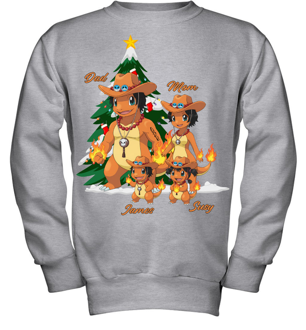 Charmander x Portgas D. Ace Parents & Kids Custom Name Christmas T-Shirt for Family