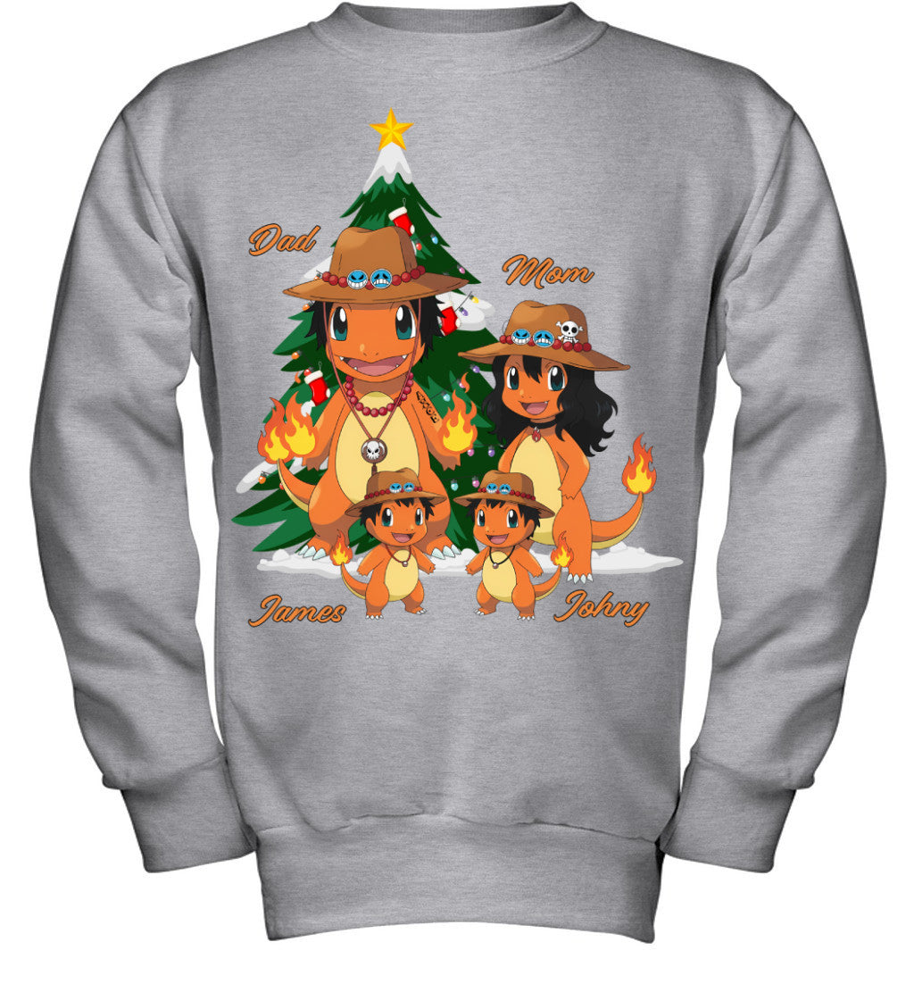 Charmander x Portgas D. Ace Parents & Sons Custom Name Christmas T-Shirt for Family