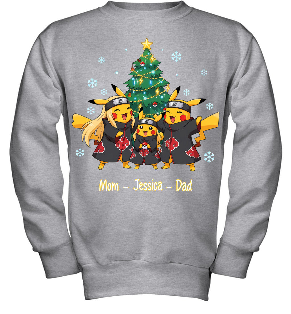 Pikachu x Uchiha Akatsuki Parents & Daughter Custom Name Christmas T-Shirt for Family
