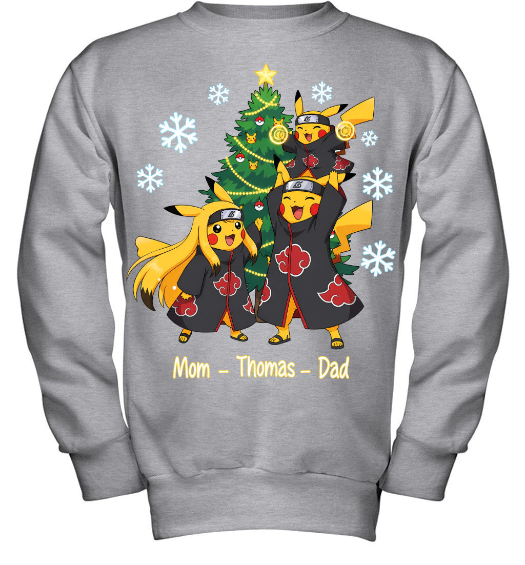 Pikachu x Uchiha Akatsuki Parents & Son Custom Name Christmas T-Shirt for Family