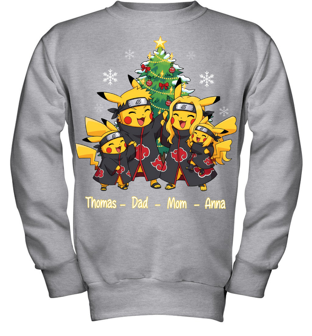Pikachu x Uchiha Akatsuki Parents & Kids Custom Name Christmas T-Shirt for Family