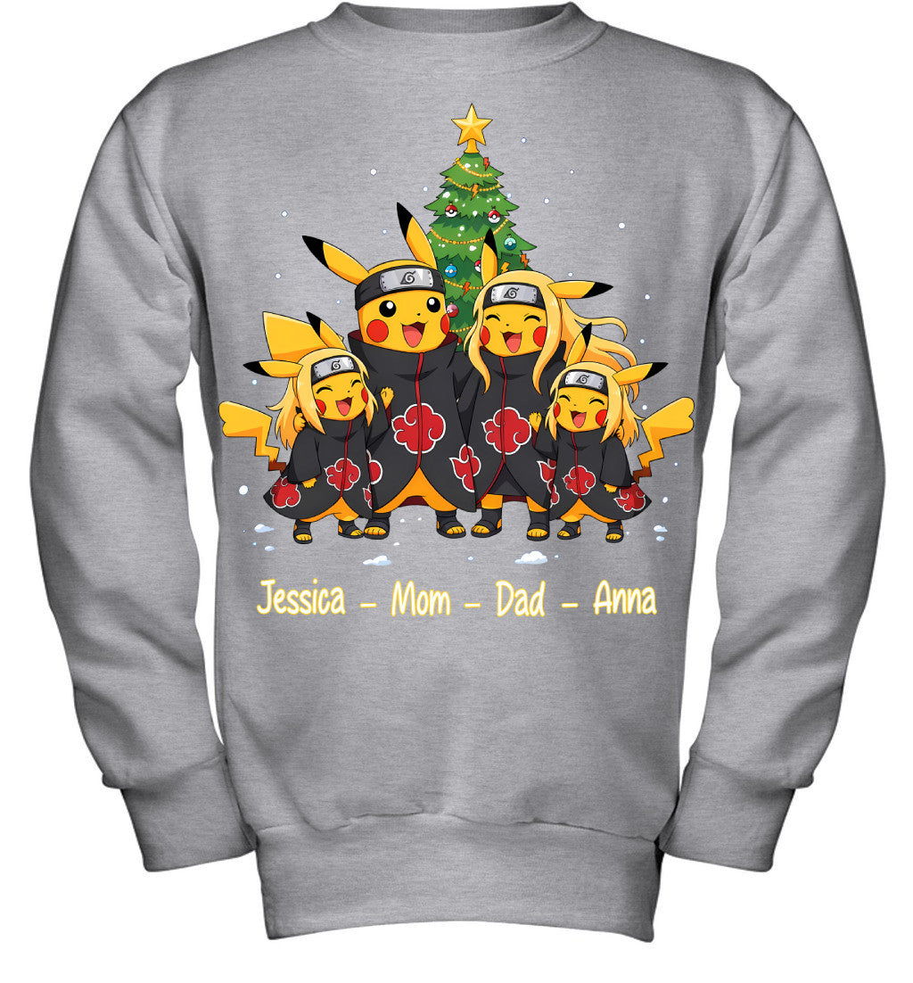 Pikachu x Uchiha Akatsuki Parents & Daughters Custom Name Christmas T-Shirt for Family