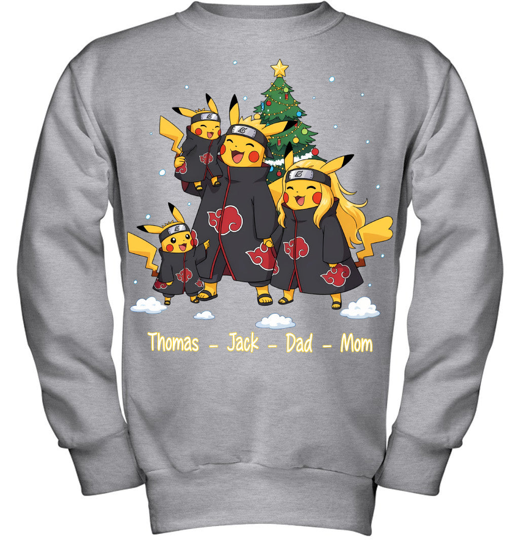 Pikachu x Uchiha Akatsuki Parents & Sons Custom Name Christmas T-Shirt for Family