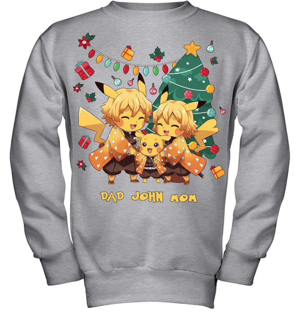 Pikachu x Zenitsu Parents & Son Custom Name Christmas T-Shirt for Family