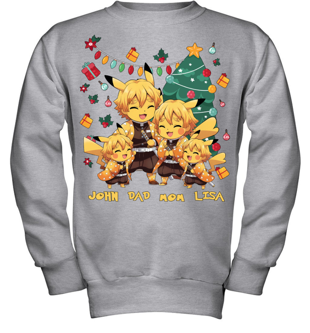 Pikachu x Zenitsu Parents & Kids Custom Name Christmas T-Shirt for Family