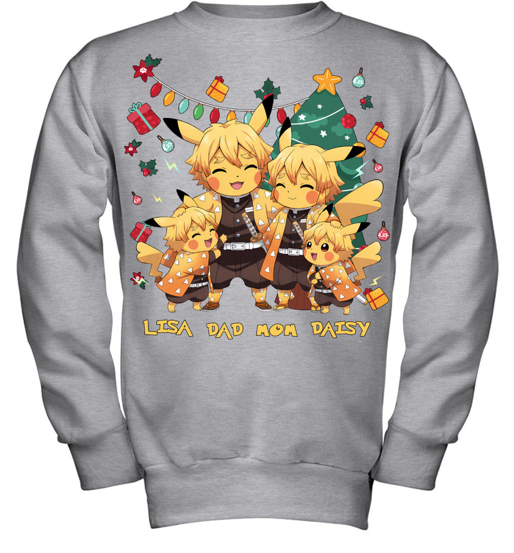 Pikachu x Zenitsu Parents & Daughters Custom Name Christmas T-Shirt for Family
