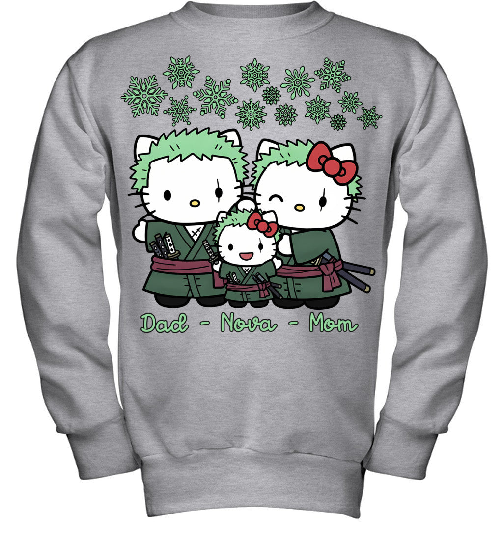 Hello Kitty x Roronoa Zoro Parents & Daughter Custom Name Christmas T-Shirt for Family