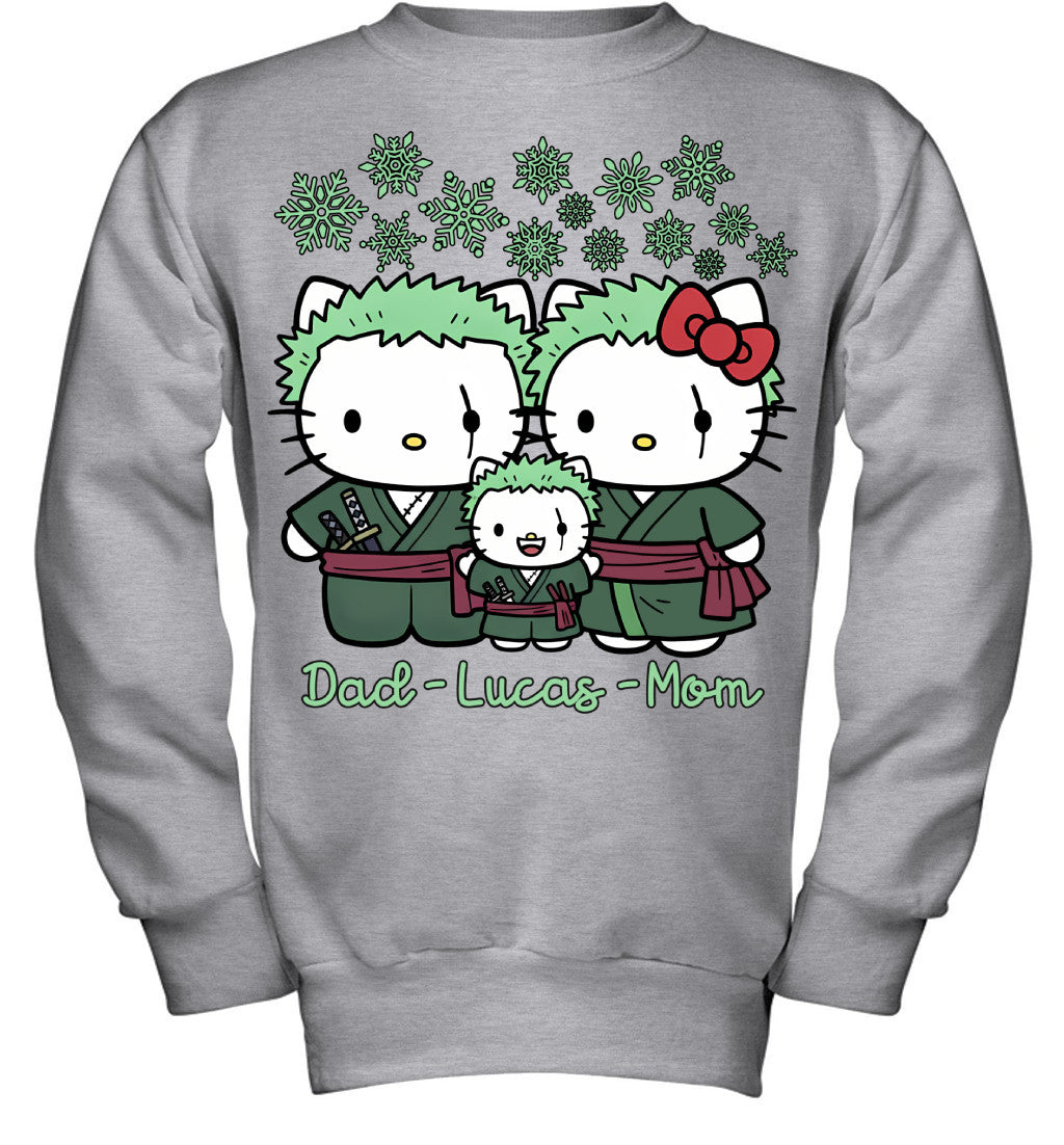 Hello Kitty x Roronoa Zoro Parents & Son Custom Name Christmas T-Shirt for Family