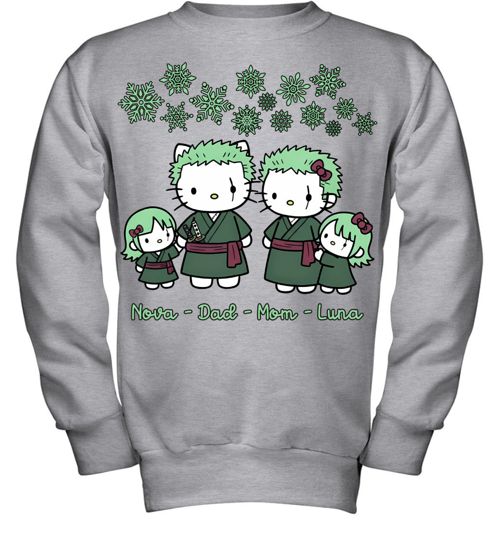Hello Kitty x Roronoa Zoro Parents & Daughters Custom Name Christmas T-Shirt for Family