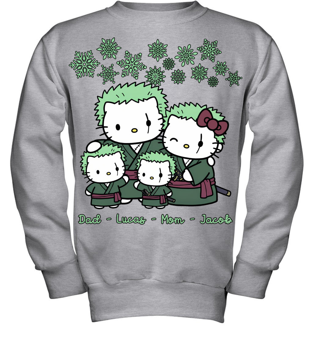 Hello Kitty x Roronoa Zoro Parents & Sons Custom Name Christmas T-Shirt for Family