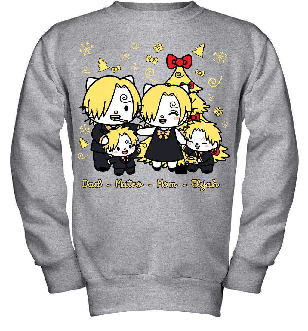 Hello Kitty x Vinsmoke Sanji Parents & Sons Custom Name Christmas T-Shirt for Family