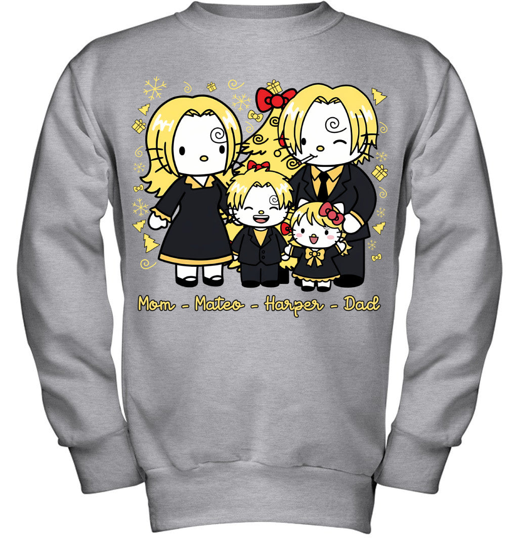 Hello Kitty x Vinsmoke Sanji Parents & Kids Custom Name Christmas T-Shirt for Family