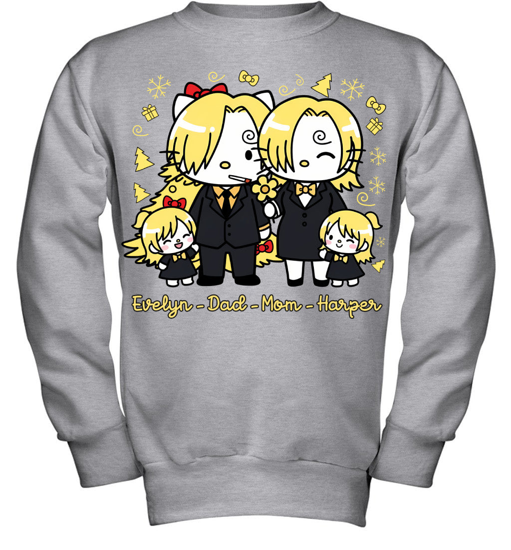 Hello Kitty x Vinsmoke Sanji Parents & Daughters Custom Name Christmas T-Shirt for Family
