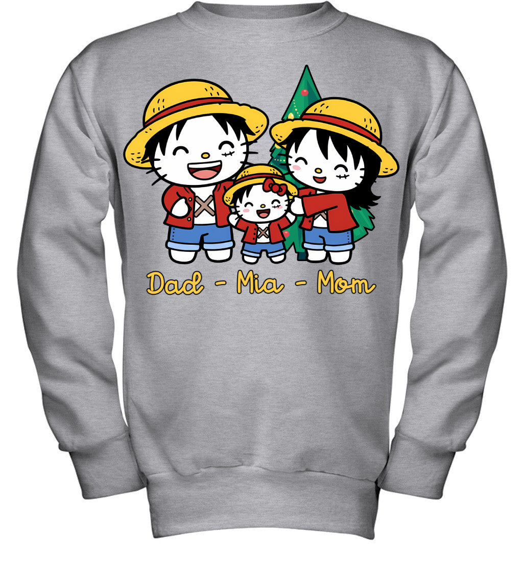 Hello Kitty x Luffy Parents & Daughter Custom Name Christmas T-Shirt for Family