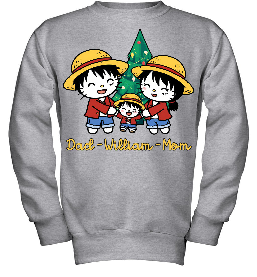 Hello Kitty x Luffy Parents & Son Custom Name Christmas T-Shirt for Family