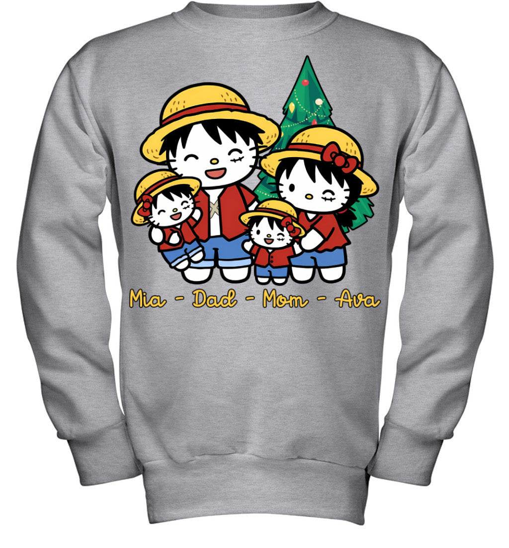 Hello Kitty x Luffy Parents & Daughters Custom Name Christmas T-Shirt for Family