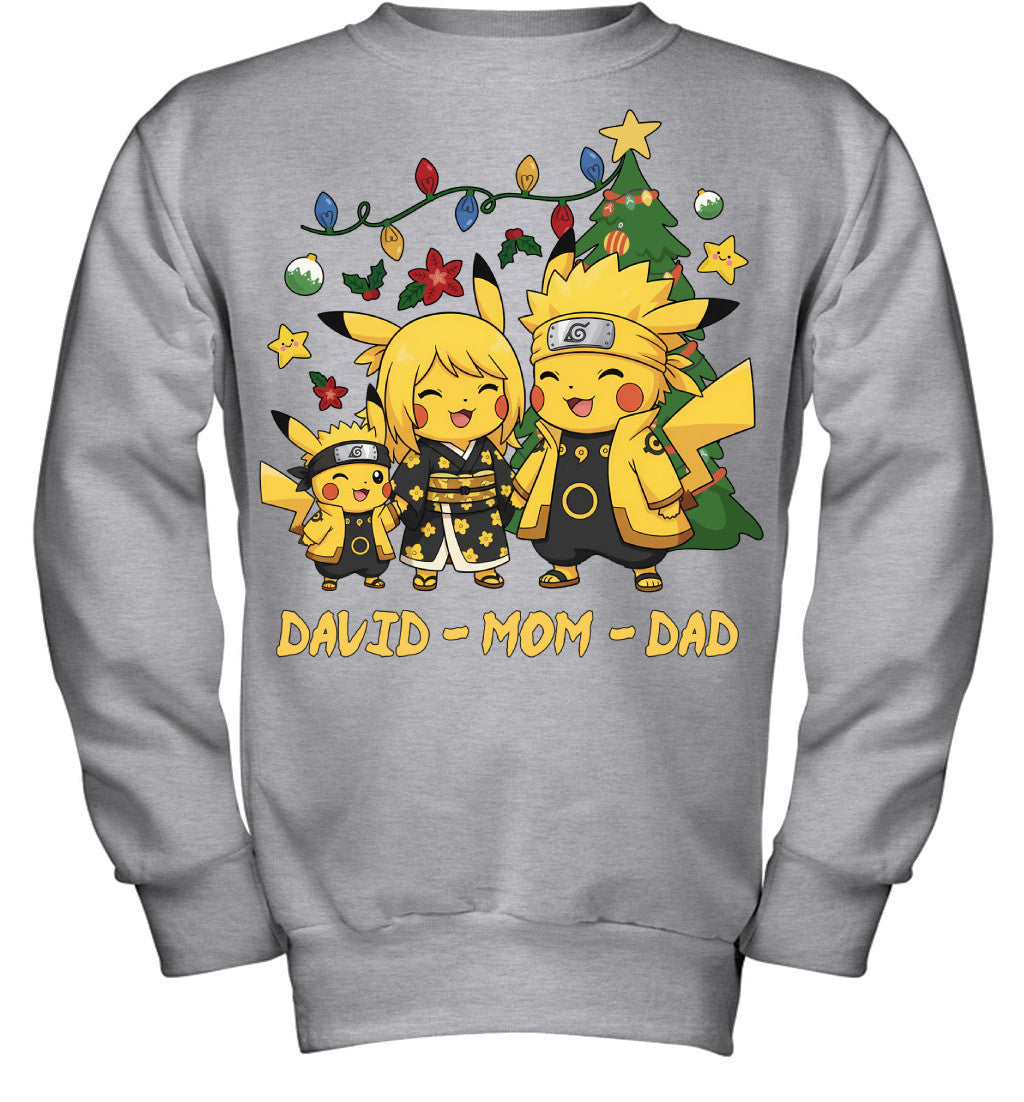 Pikachu x Naruto Parents & Son Custom Name Christmas T-Shirt for Family