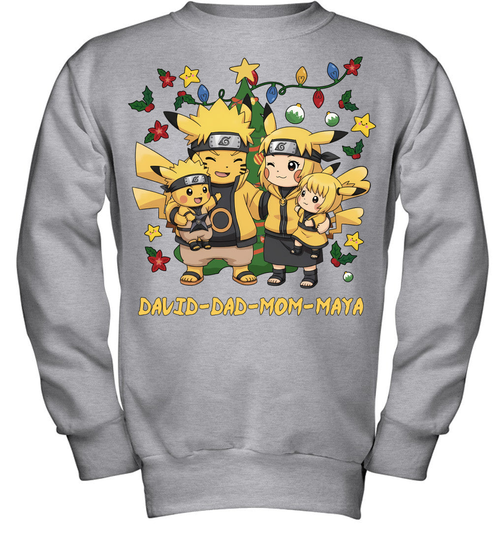 Pikachu x Naruto Parents & Kids Custom Name Christmas T-Shirt for Family