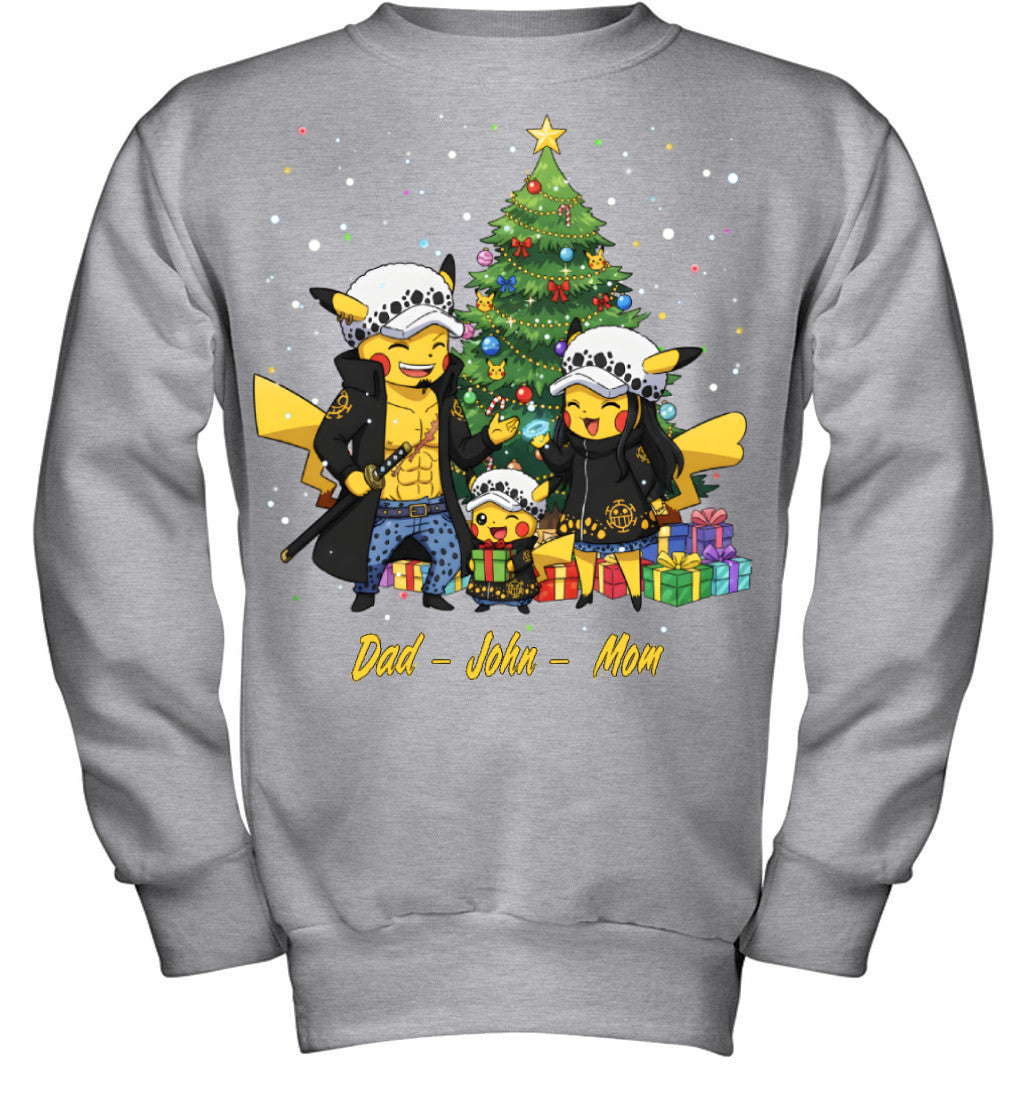 Pikachu x Trafalgar Law Parents & Son Custom Name Christmas T-Shirt for Family