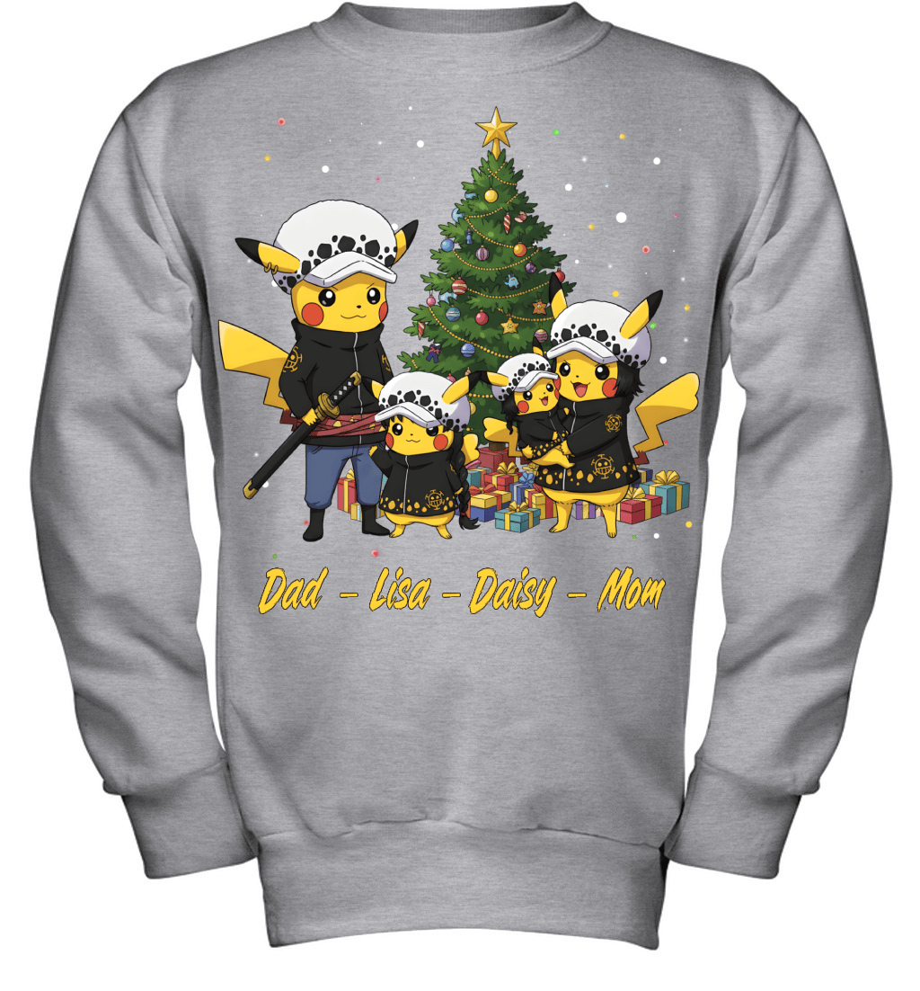Pikachu x Trafalgar Law Parents & Daughters Custom Name Christmas T-Shirt for Family