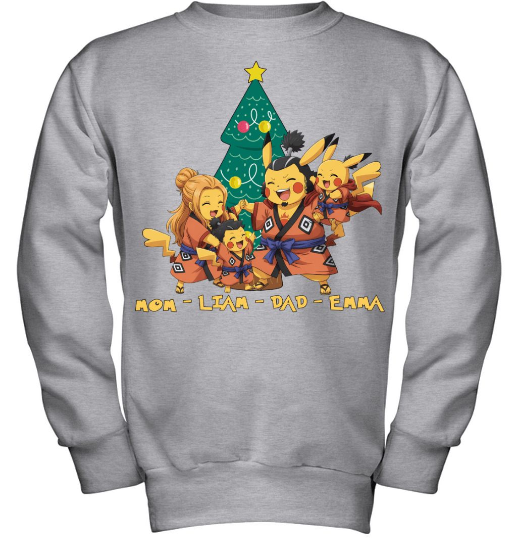 Pikachu x Jinbe Parents & Kids Custom Name Christmas T-Shirt for Family
