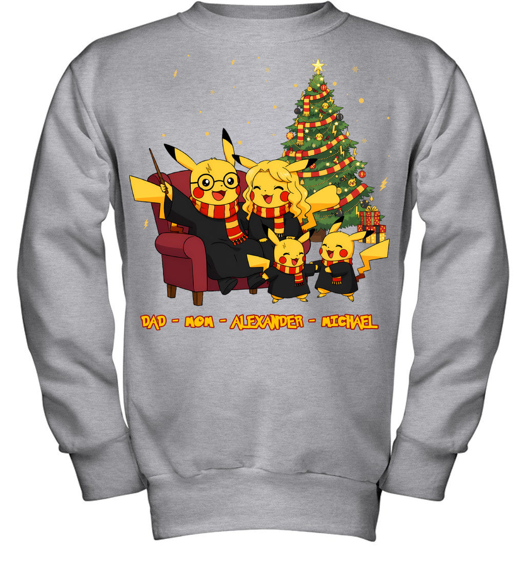 Pikachu x Harry Potter Parents & Sons Custom Name Christmas T-Shirt for Family