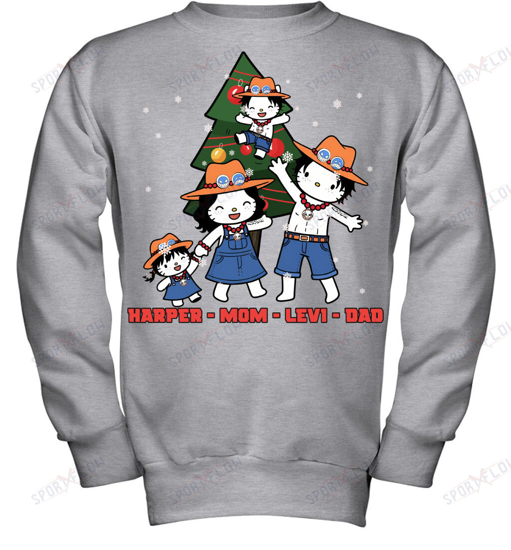 Hello Kitty x Portgas D. Ace Parents & Kids Custom Name Christmas T-Shirt for Family