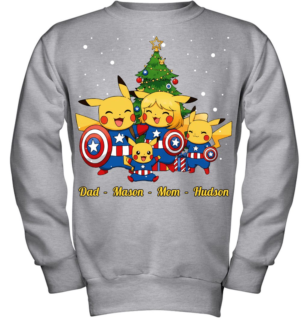 Pikachu x Captain America Parents & Sons Custom Name Christmas T-Shirt for Family