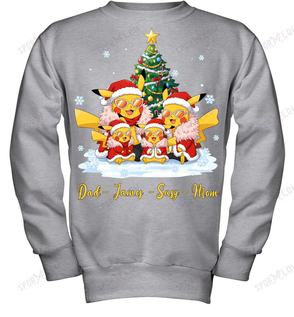 Pikachu x Doflamingo Parents & Kids Custom Name Christmas T-Shirt for Family