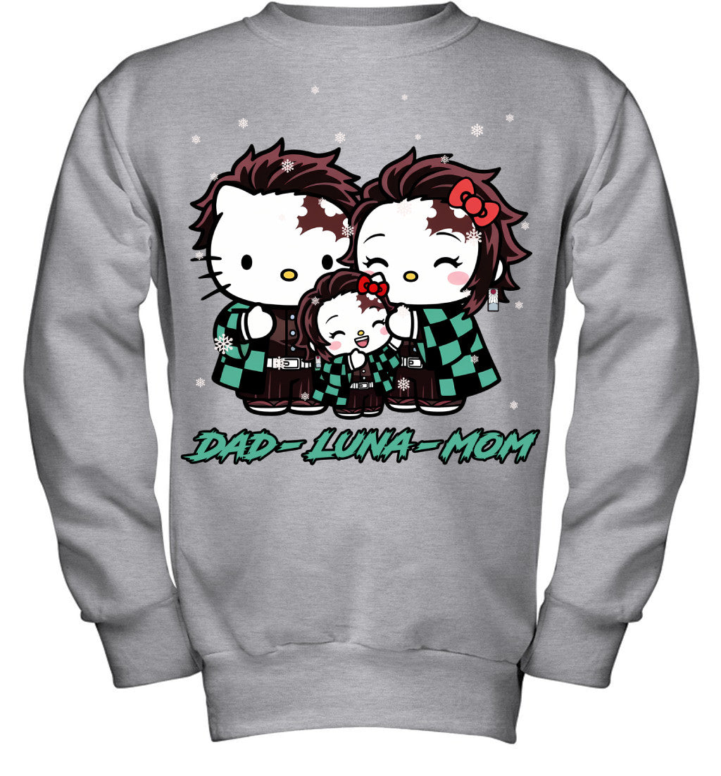 Hello Kitty x Kamado Tanjiro Parents & Daughter Custom Name Christmas T-Shirt for Family