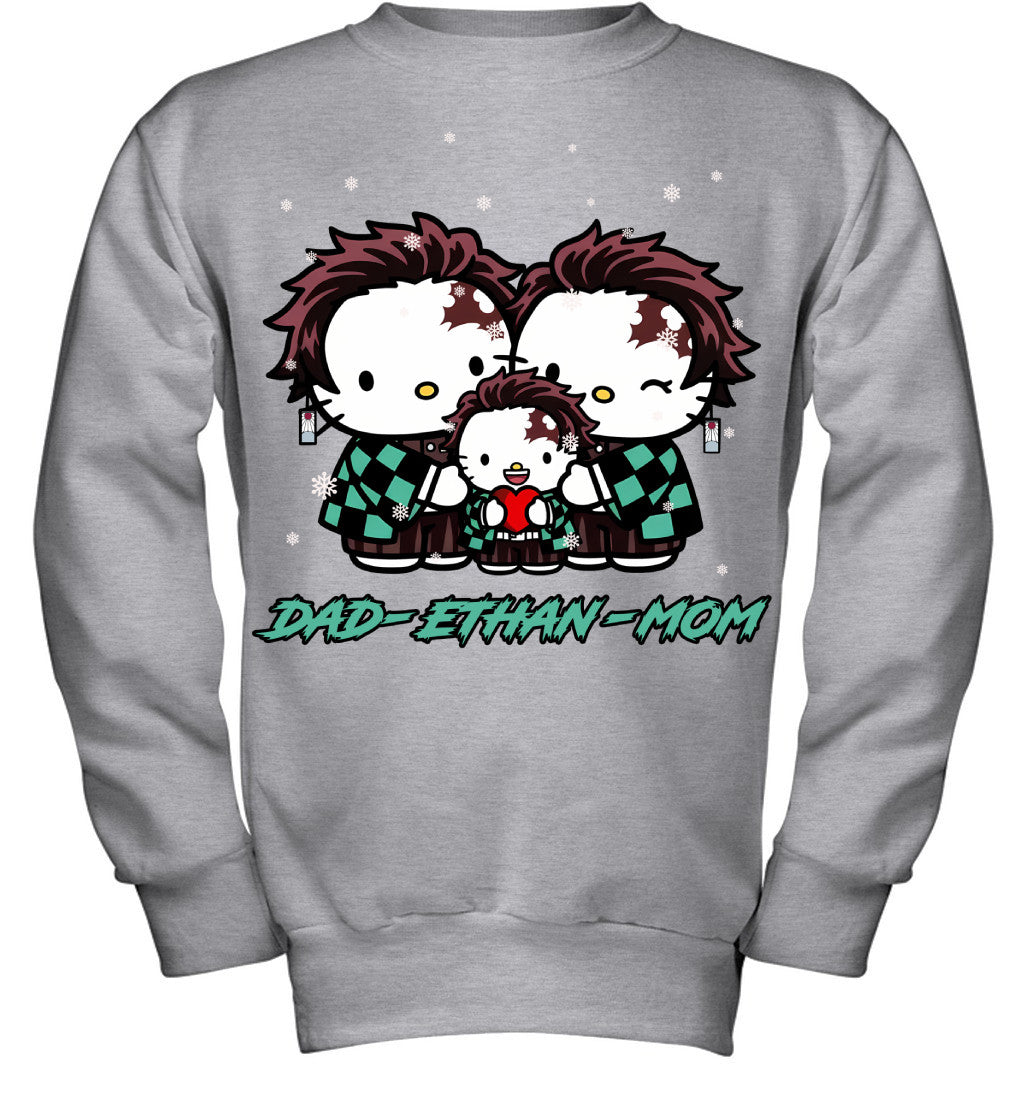 Hello Kitty x Kamado Tanjiro Parents & Son Custom Name Christmas T-Shirt for Family