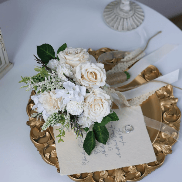 White & Champagne Artificial Roses Bridal Bouquet – Handmade Silk Wedding Flowers