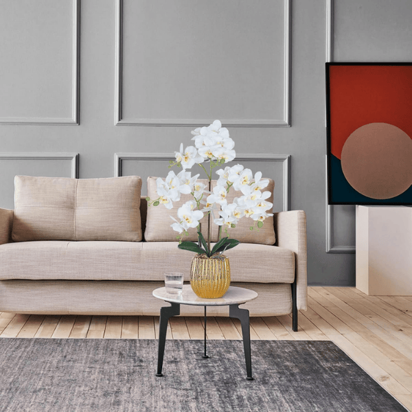 White Artificial Orchid Flowers in Gold Ceramic Pot