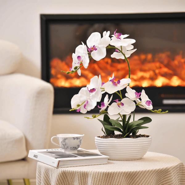 White Phalaenopsis Faux Orchid in Ceramic Pot