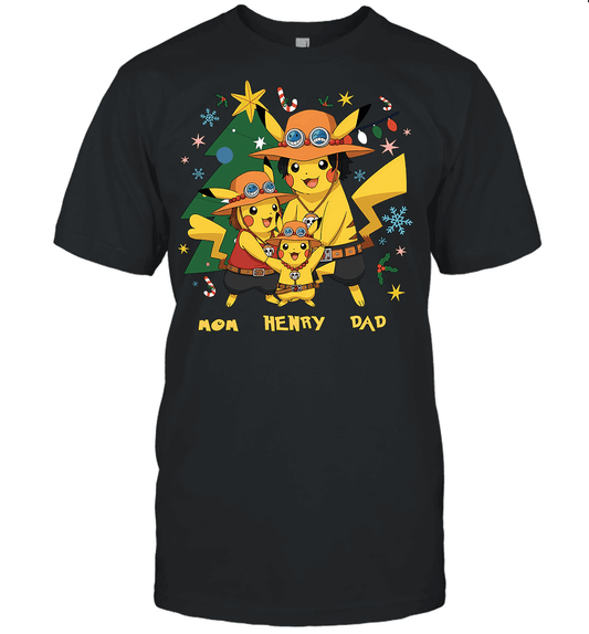 Pikachu x Portgas D. Ace Christmas Family Parents And Son Graphic T-shirt