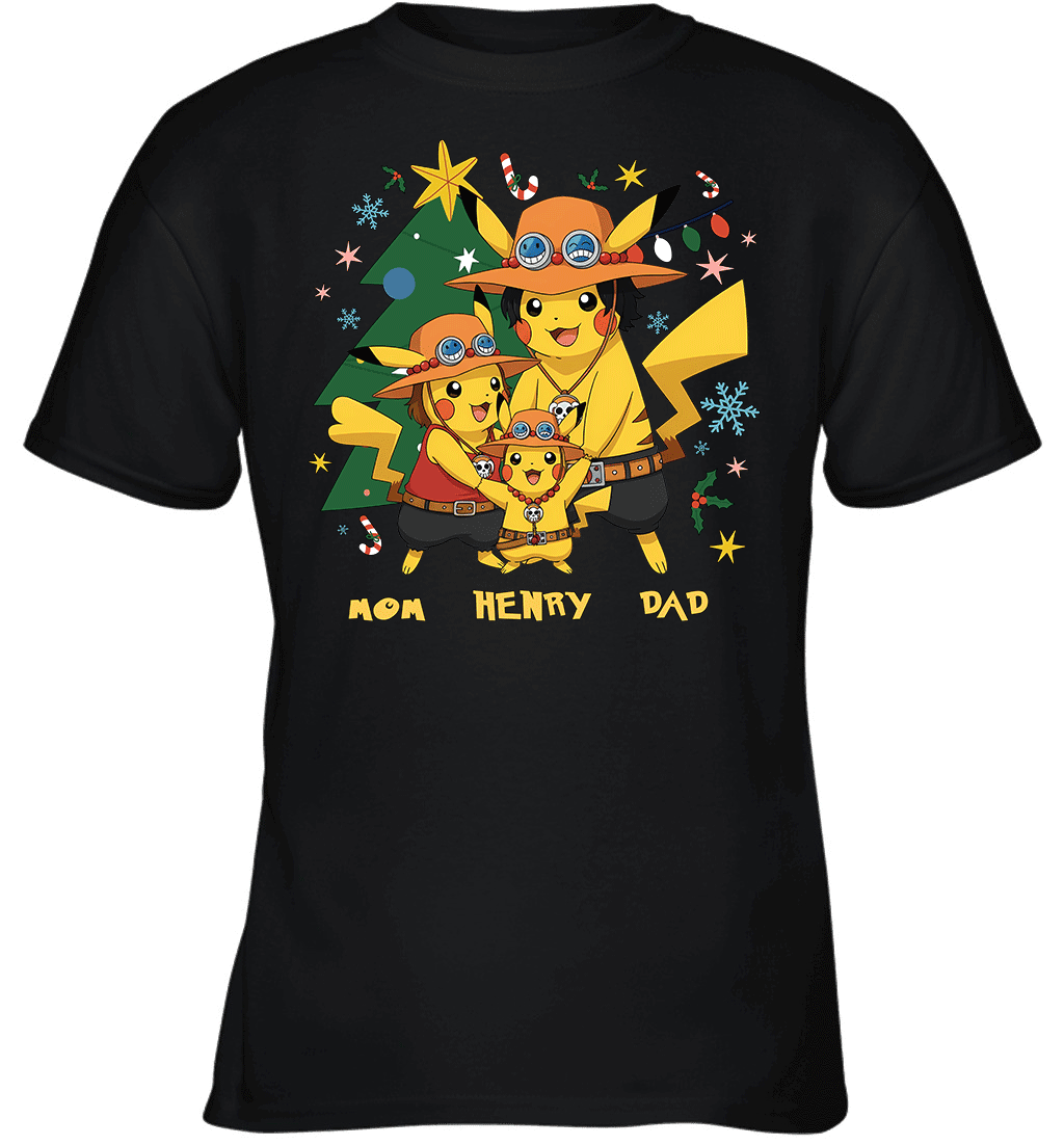 Pikachu x Portgas D. Ace Christmas Family Parents And Son Graphic T-shirt