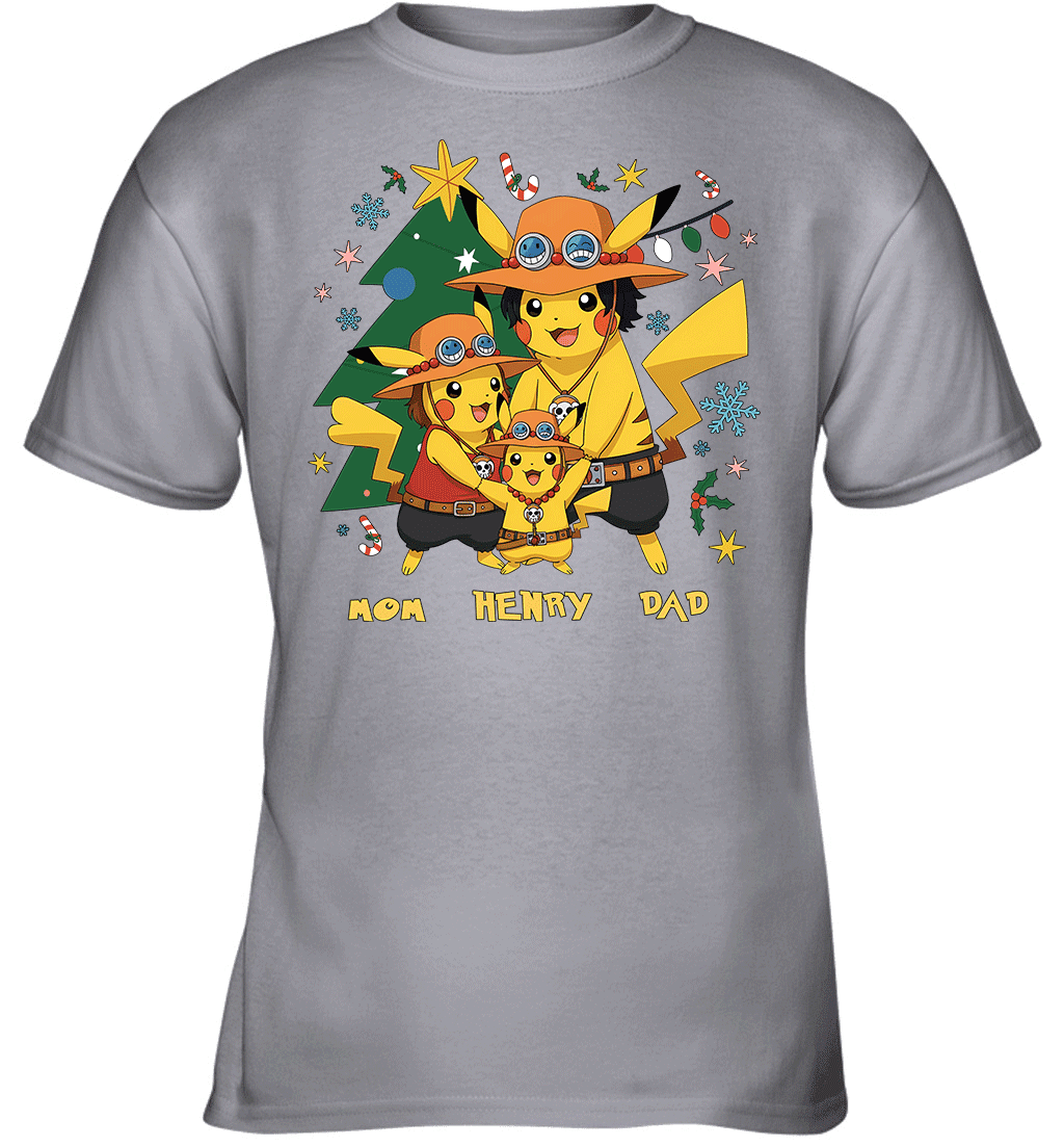 Pikachu x Portgas D. Ace Christmas Family Parents And Son Graphic T-shirt