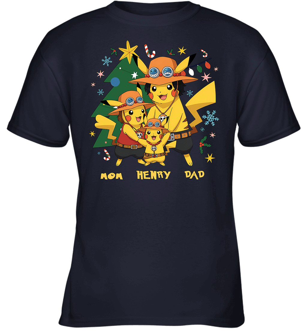 Pikachu x Portgas D. Ace Christmas Family Parents And Son Graphic T-shirt