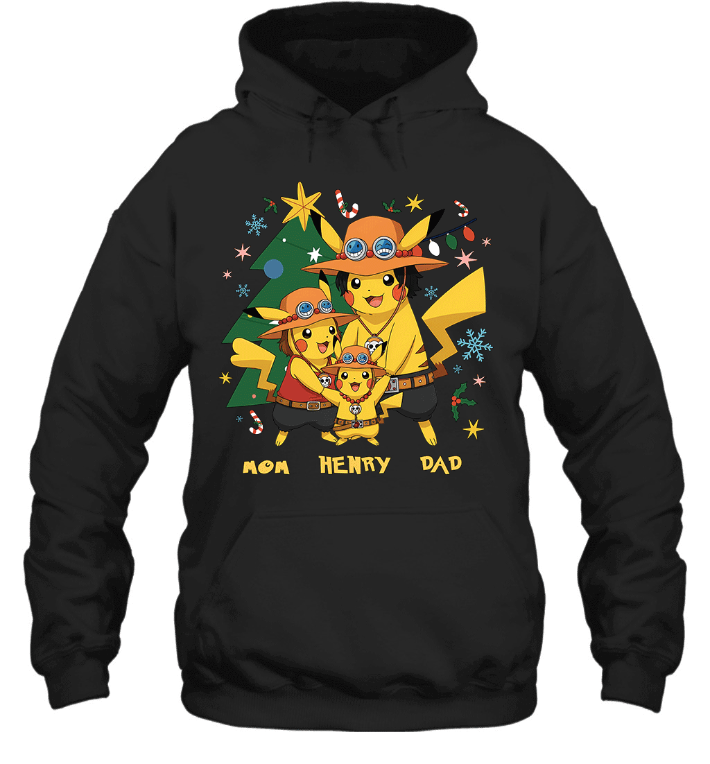 Pikachu x Portgas D. Ace Christmas Family Parents And Son Graphic T-shirt